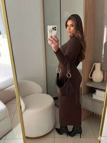 RIBBED DRESS WITH ELEGANT SLEEVES HIGH QUALITY MODAL AUTUMN AND WINTER - 巧克力棕 - 查看 2