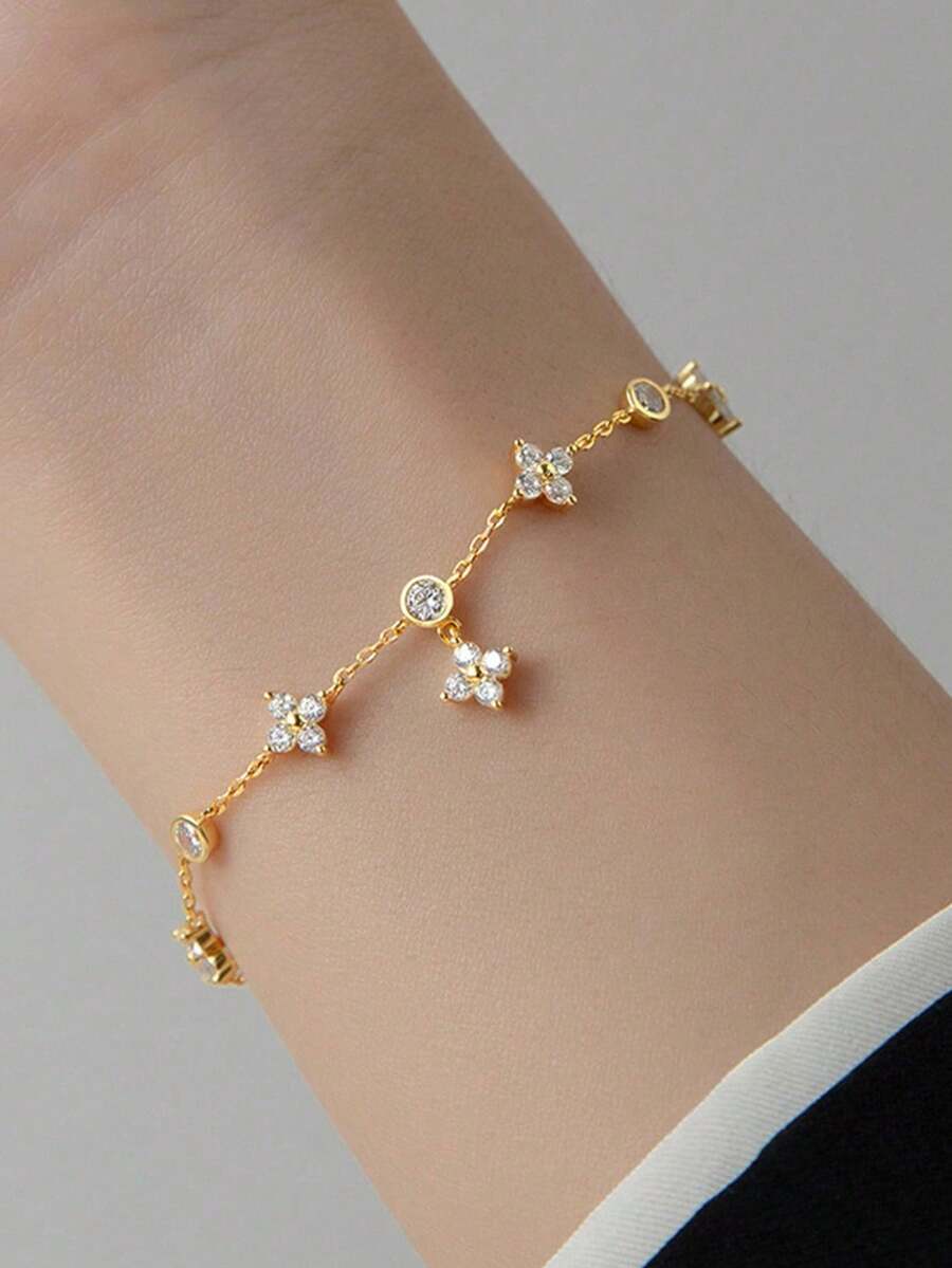 BALMORA 1pc 925 Sterling Silver Vintage Minimalist Cute Fashionable Exquisite Sparkling Floral Zirconia Flower Chain Bracelet, Gift For Women, Friends, Lovers, Birthday - Vàng - Xem 1