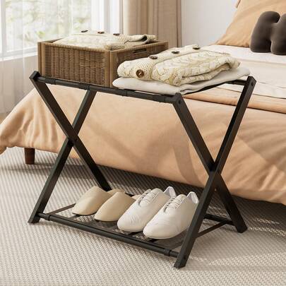  COSTWAY Set Of 2 Folding Luggage Racks, 2-Level Suitcase Stands With Storage Shelves, Heavy-Duty Metal Frame And Strong Nylon Straps For Bedroom, Closet, Guest Room, White/Black