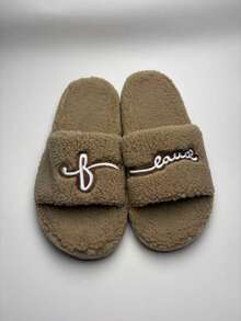 Pantuflas de Peluche con Punta Abierta para Mujer, Nuevas para Otoño e Invierno, Cálidas para Interiores, Suela Suave y Antideslizante, Silenciosas, Ideales para el Hogar, Zapatos para Mujer - Beis - Ver 3