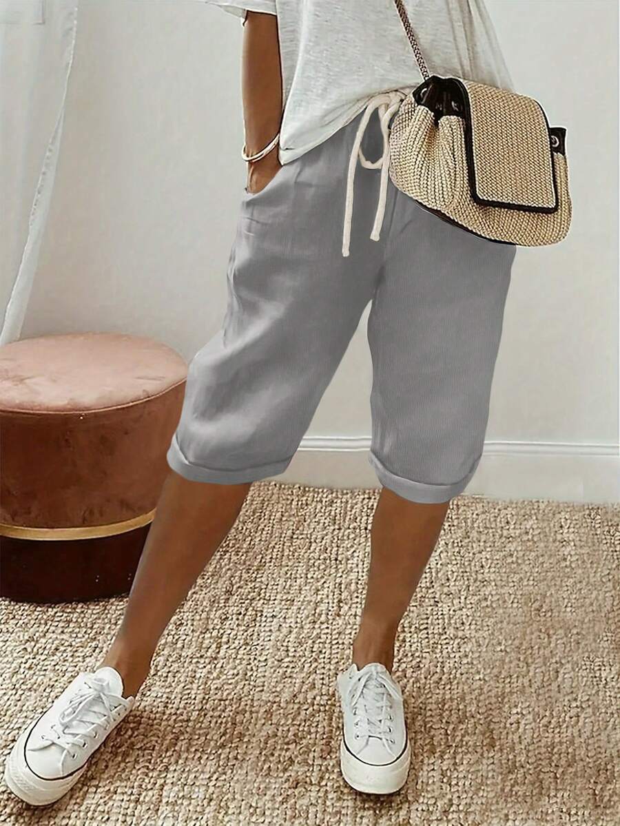 Quần short Bermuda nữ màu trơn, có dây rút ở eo và túi, kiểu dáng thường ngày, thích hợp cho mùa hè. - Màu Xám nhạt - Xem 1