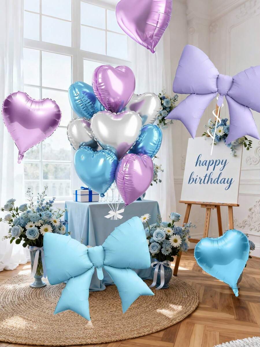 Blue Purple Heart Balloons, Blue Bow Balloons, 10Pcs 18 Inch Heart Shaped Balloon And 38 Inch Helium Bow Foil Balloon For Girls Girl Birthday Wedding Engagement Baby Shower Frozen Winter Party Decor - Multicolor - View 1