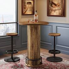 LITTLE TREE Round Bar Table With Chairs, Industrial Bistro Sets With 2 Barstools, Pub Cocktail Table With Metal Ring Footrest For Kitchen Nook, Apartment, Small Space - Nâu mộc mạc - Xem 11