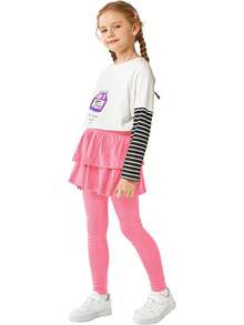 2 Pack Girls Leggings With Skirts Stretch Warm Uniform Pants 4-14 Years - Hot Pink, Pink - View 5