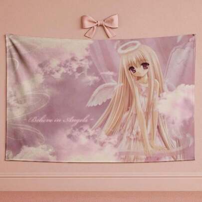 1pc,2D Graphic Design, Pink Angel Anime Tapestry-A Soft And Adorable Wall Decoration Perfect For Dorm Rooms. This Light And Delicate Horizontal Wall Art Piece Perfectly Blends Cute Anime Aesthetics With A Long-Lasting, Soft Pink Hue.