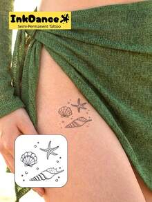 1套“贝壳海螺海星”天使科技纹身贴纸，半永久纹身，临时纹身，持久耐用，男女通用，防水，逼真纹身效果，植物基，产品编号MNF024 - 黑色 - 查看 2