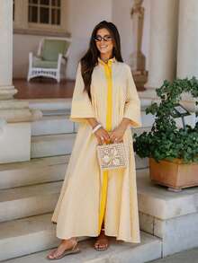 Đầm sơ mi kẻ sọc nhiều màu sắc thời trang xuân/hè mới dành cho nữ, kiểu dáng thường ngày đa năng phù hợp cho đi chơi và du lịch, chi tiết cúc phía trước phối màu tương phản, chân váy xòe chữ A, đầm dài màu vàng thanh lịch - Màu vàng - Xem 2