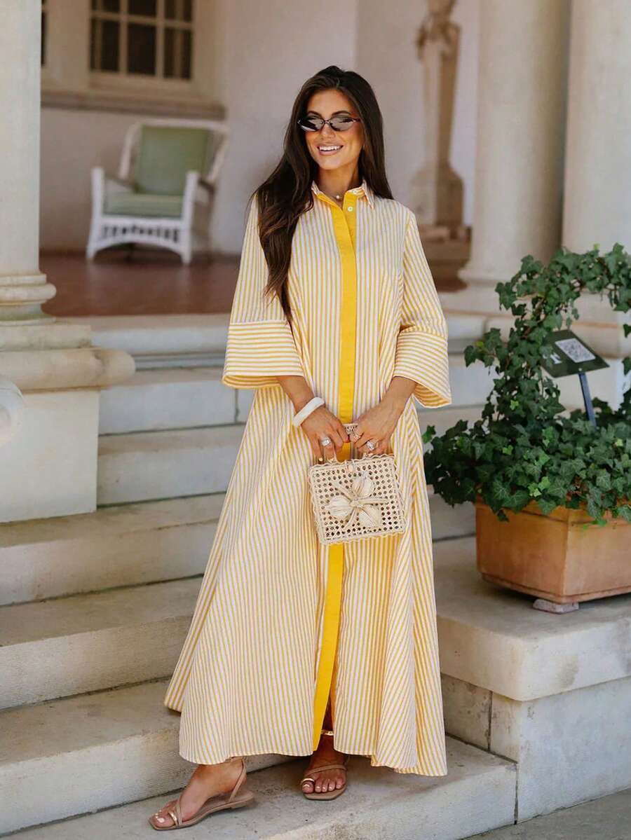 Đầm sơ mi kẻ sọc nhiều màu sắc thời trang xuân/hè mới dành cho nữ, kiểu dáng thường ngày đa năng phù hợp cho đi chơi và du lịch, chi tiết cúc phía trước phối màu tương phản, chân váy xòe chữ A, đầm dài màu vàng thanh lịch