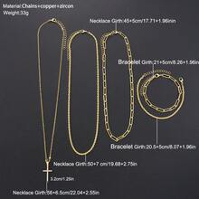 5pcs Punk Style Cross Necklace Set, Rhinestone Chain Bracelet Set, Rings, Men's Jewelry Set, Suitable For Vacation, Date, Daily, Casual, Party - Yellow Gold - View 5