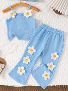 两件套可爱女婴套装，休闲时尚，柔软舒适，简约百搭的碎花吊带背心和喇叭裤套装，适合幼儿女童穿着，夏季日常穿着、度假、派对、拍照、户外活动 - 彩色 - 查看 2