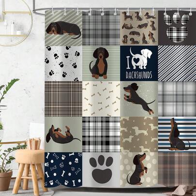 1pc Retro Spliced Dog Shower Curtain, Checkered Spliced Animal Dog Shower Curtain, Various Room Decoration Partition Shower Curtain, Bathroom Accessories Shower Curtain, Bathtub Curtain