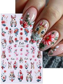 2pcs Easter Theme 3D Nail Art Stickers, Rabbit, Red Flower Petals, Cute Design 3D Self-Adhesive Nail Art Decorations, Nail Art Accessories For Women Nails - Multicolor - View 3