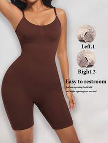 女士无缝塑身连体衣，细肩带设计，收腹提胸提臀 - 棕色 - 查看 3