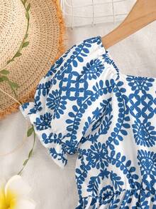 女童几何图案和热带植物印花方领花瓣袖鱼尾连衣裙 - 藍色 - 查看 7