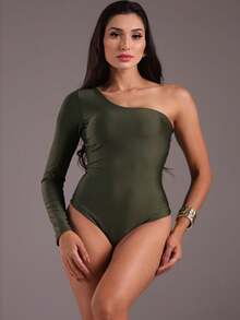 J.A.B.I Modas Women's Long Sleeve One Shoulder Bodysuit - 軍綠色 - 查看 5