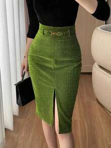 Women's Elegant Velvet Embossed Wrap Skirt, With Lining, High Waist Slit With Metal Buckle Fall - Olive Green - View 2