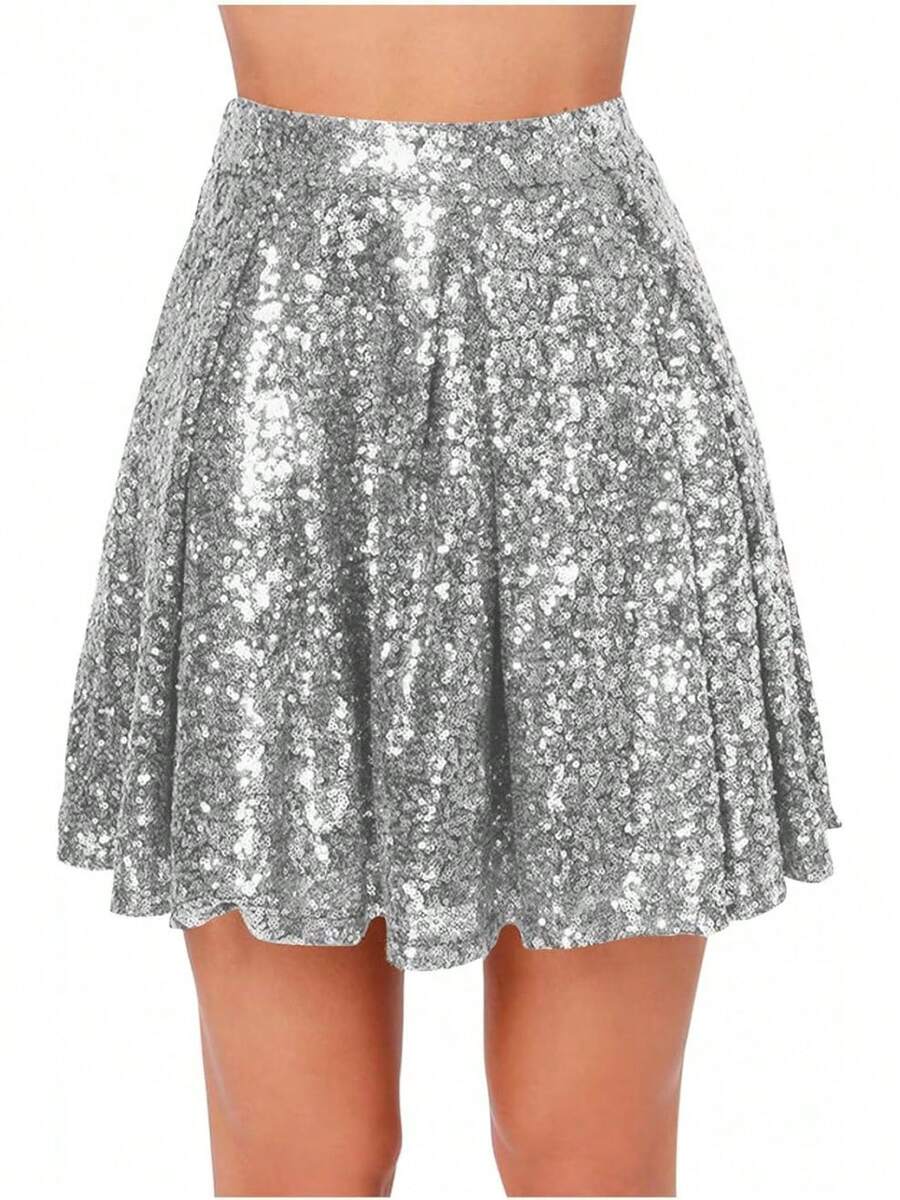 Women's Sequin Skirt Sparkly Stretchy High Waisted A-Line Flowy Swing Glitter Mini Skirts For Night Out Party - Bạc - Xem 1