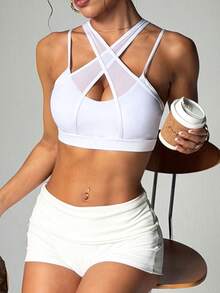 女士时尚纯色可拆卸衬垫网眼拼接运动针织文胸 春季款 - 白色 - 查看 3