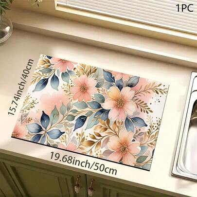 1 pieza Estera absorbente con estampado floral rosa para cafetera, platos - Estera protectora absorbente de poliéster para escritorio con almohadilla antideslizante de goma, para decoración de la encimera de la cocina, bar en casa y mesa de comedor