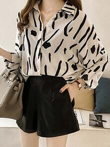 Camisa de mujer Camisa de mujer con estampado de graffiti, manga larga, holgada, casual, versátil, como prenda base - Blanco - Ver 4