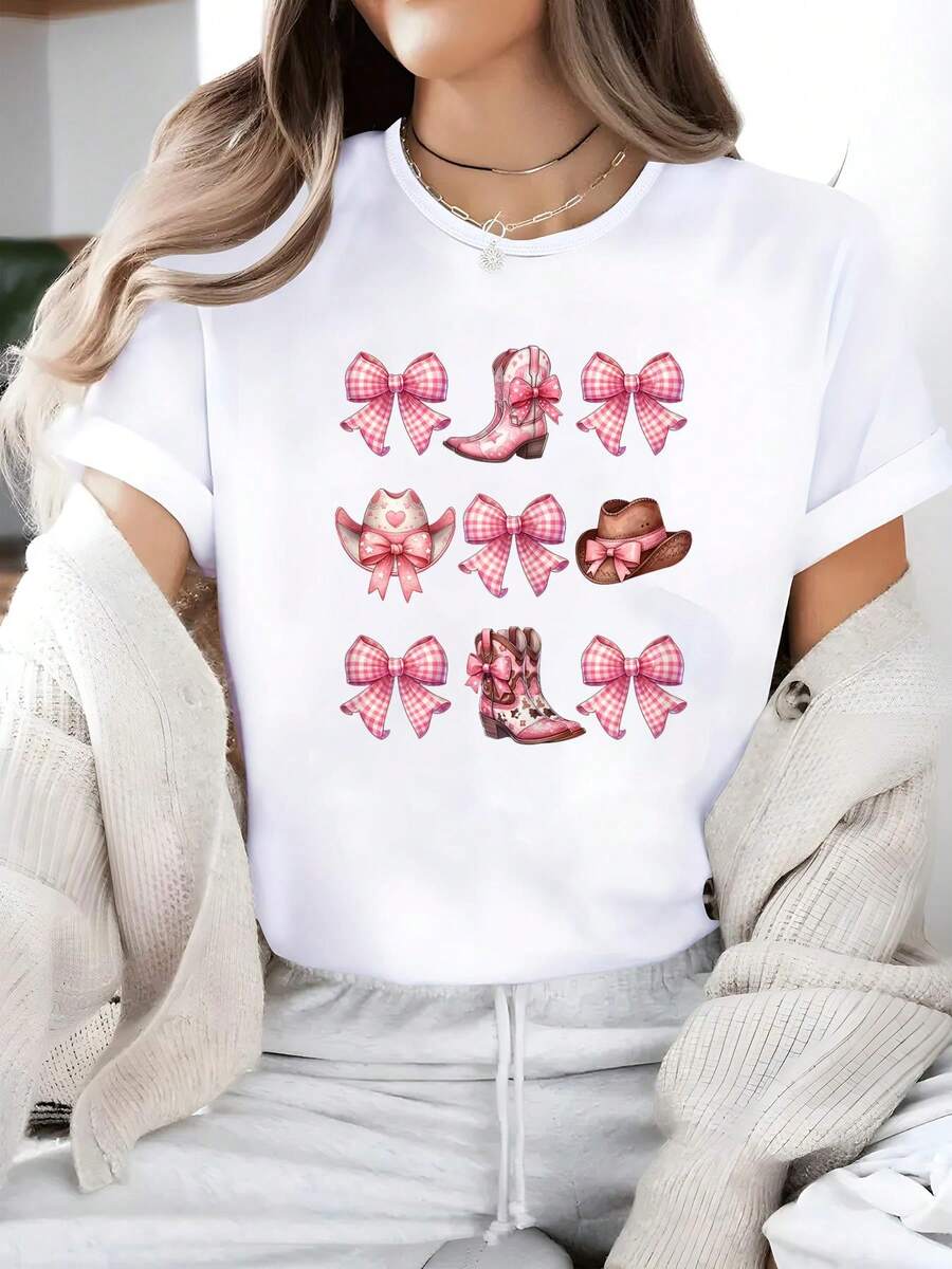 100% Cotton Unisex 1pcs - Coquette Pink Bow Cowgirl Boots And Hats T-Shirt - Women's Casual Short Sleeve Top For Spring & Summer, Women Graphic T-Shirts 230g - 白色 - 查看 1