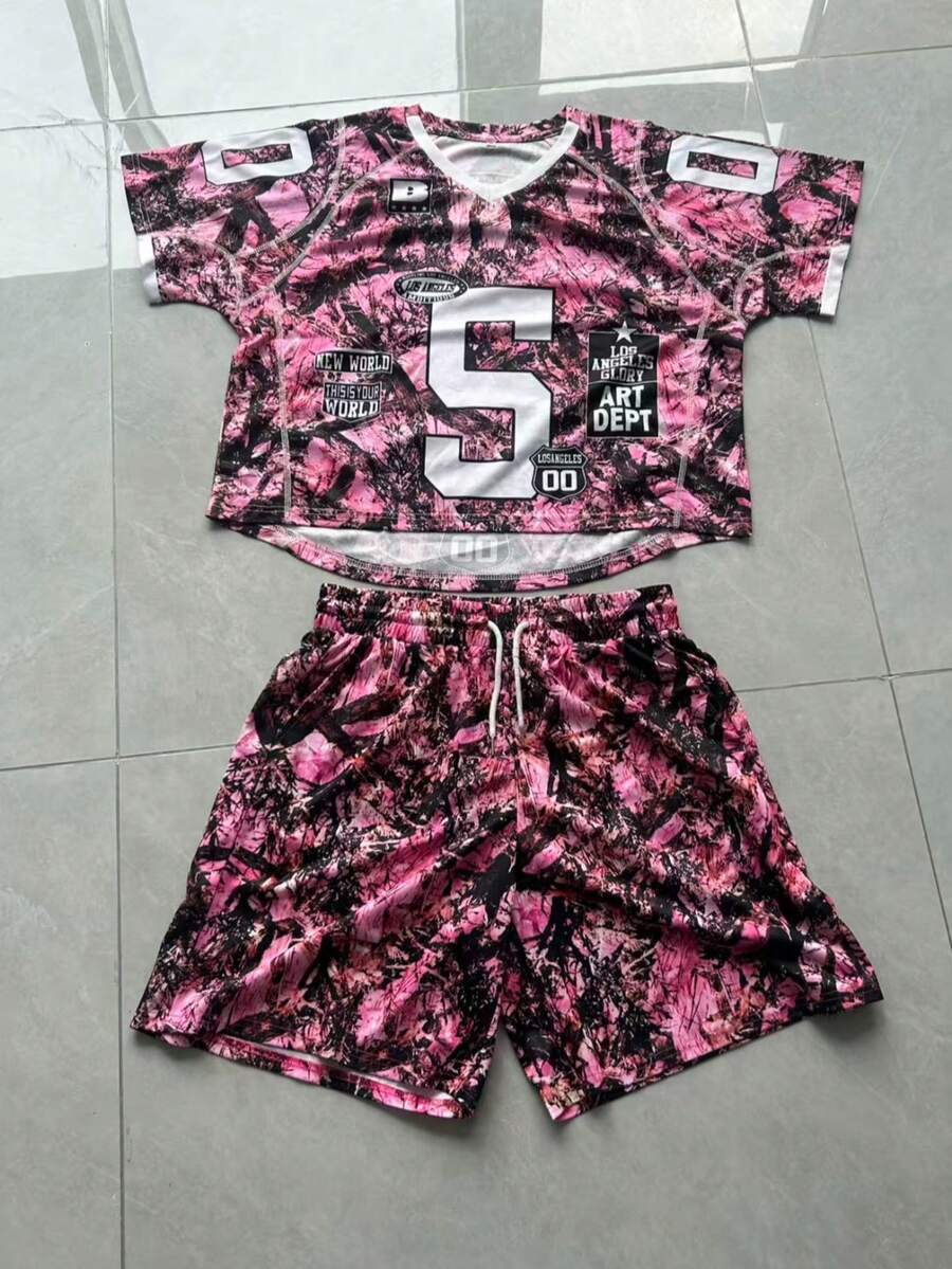 男士粉色树枝图案套装，美式街头风数字印花休闲两件套 - 粉色 - 查看 1