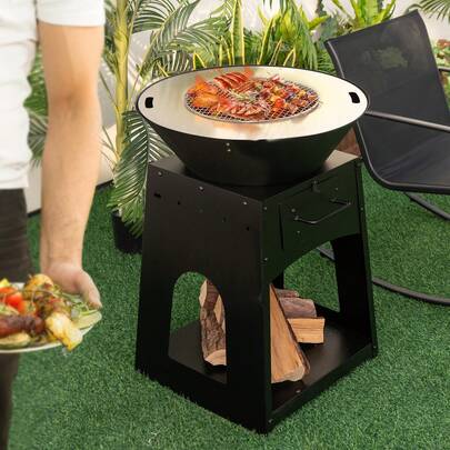  COSTWAY Patio Fire Pit With Firewood Log Rack, Outdoor Wood Burning Fireplace With Grill & Ash Box, Spacious Bottom Storage Compartment, Fire Poker & Gloves Included, Multifunctional Fire Pit For BBQ, Bonfire, Black
