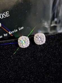 1 Pair S925 Sterling Silver Square Diamond Stud Earrings, Minimalist Design, Fashionable Versatile Luxury Elegant Earrings Gift For Women - square diamond - View 2