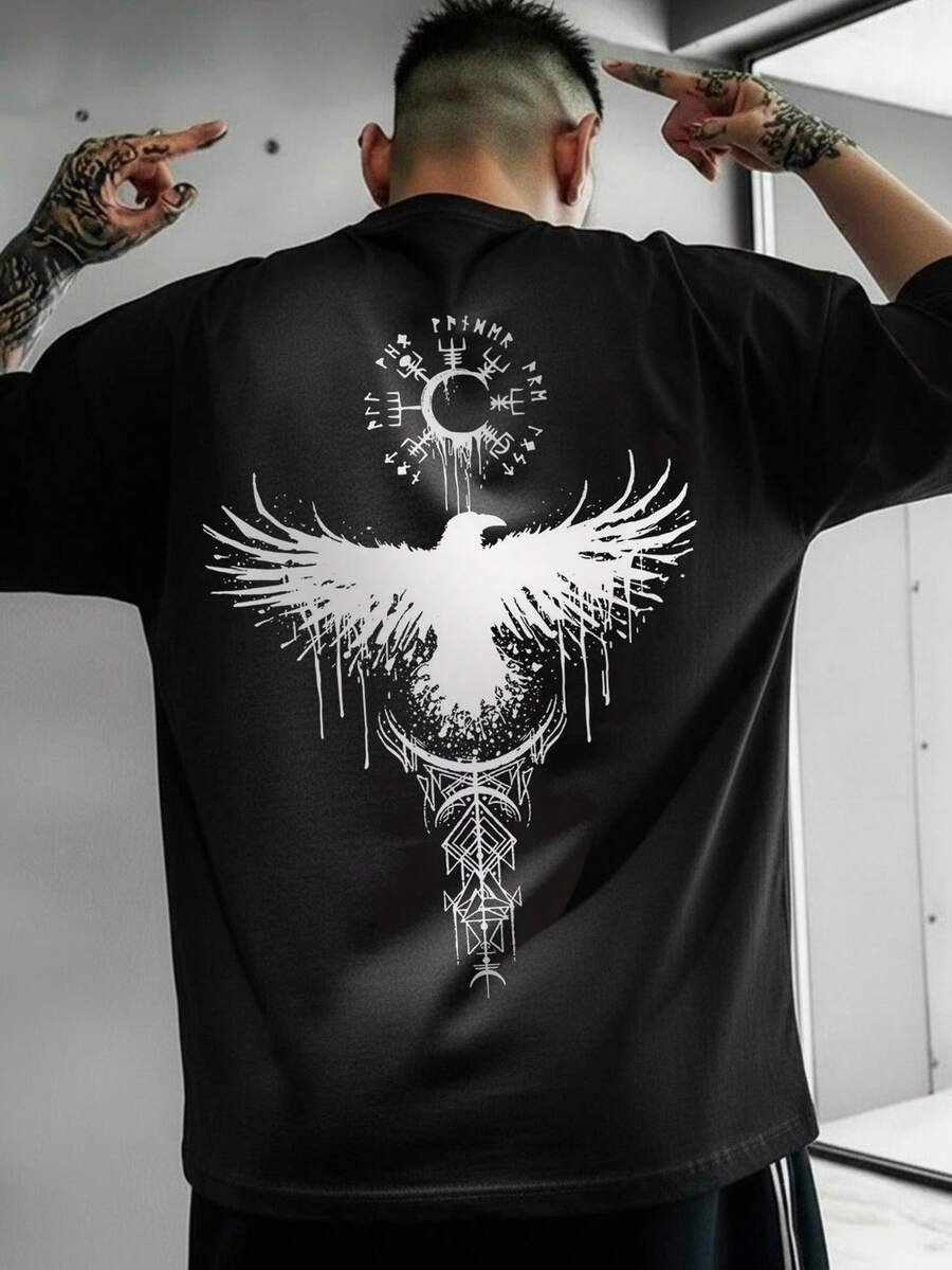 Men's Classic Fashion Bird Graphic Print Round Neck Short Sleeve T-Shirt, Suitable For Daily Wear And Themed Events - Black - View 1