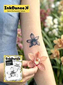 1 Kit "Cymbidium" Revolutionary Technology Tattoos, Semi-Permanent Tattoos, Flower, Temporary Tattoos, Long Lasting, Women Fake Tattoos, Water-Resistant, Authentic Tattoo Look, Plant-Based, Present MNF094 - Black - View 1