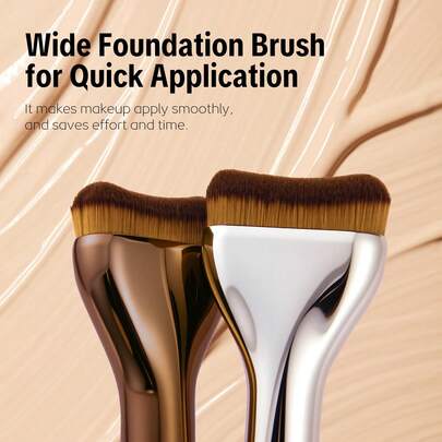 1pc New Tongue-Shaped Foundation Brush, Ultra-Thin Seamless Base Makeup, Flat Head Asymmetric Fan-Shaped Curved Fit, Zero Brush Marks Application. High-Density PBT Bionic Fiber Bristles + Aerospace-Grade Aluminum Alloy Handle, Minimalist Luxurious Style. Streamlined Curved Brush Head + Ergonomic Matte Metal Handle, Seamless Integration, Economical On Makeup, Smooth And Thin Flawless Application. Professional Makeup Brush, Suitable For Liquid And Cream Foundation, Essential For Daily Commute And Beginner Makeup.