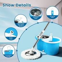Spin Mop And Bucket With Wringer Set, 360° Spinning Mop Bucket System With 4 Microfiber Mop Replacement Heads And 50" Stainless Steel Adjustable Handle For Floor Cleaning - A - Xem 5