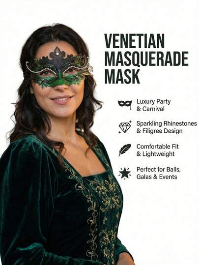 1 chiếc mặt nạ Venice sang trọng dành cho nữ - Màu xanh ngọc lục bảo lấp lánh, khung kim loại đen rỗng, đính đá lấp lánh - Thích hợp cho lễ hội Carnival, dạ hội, vũ hội, tiệc hóa trang và các bữa tiệc trang phục, đặc biệt là ngày lễ Thánh Patrick.