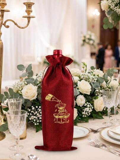 Linen Bottle Organizer Drawstring Bag, Gold Wine Glass Pattern, Made Of Burlap, Wedding Gift Bag With Drawstring Dustproof, Eid Storage Bag, Bottle Decoration Bag, Olive Oil Bottle Protector, Wine Dust Cover, Wedding Season, Reusable And Durable, Suitable For Storing Various Bottles And Items, Suitable For Home Storage, Gift Wrapping, Parties, Weddings, Holidays, Islamic Gifts, Dustproof Packaging For Collectibles, A Must-Have For The Family.