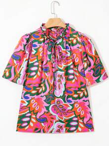 Acelitt Blusa de manga corta con cuello en V y cordones con estampado floral de rosas, ideal para vacaciones de verano - Rosa Roja - Ver 4