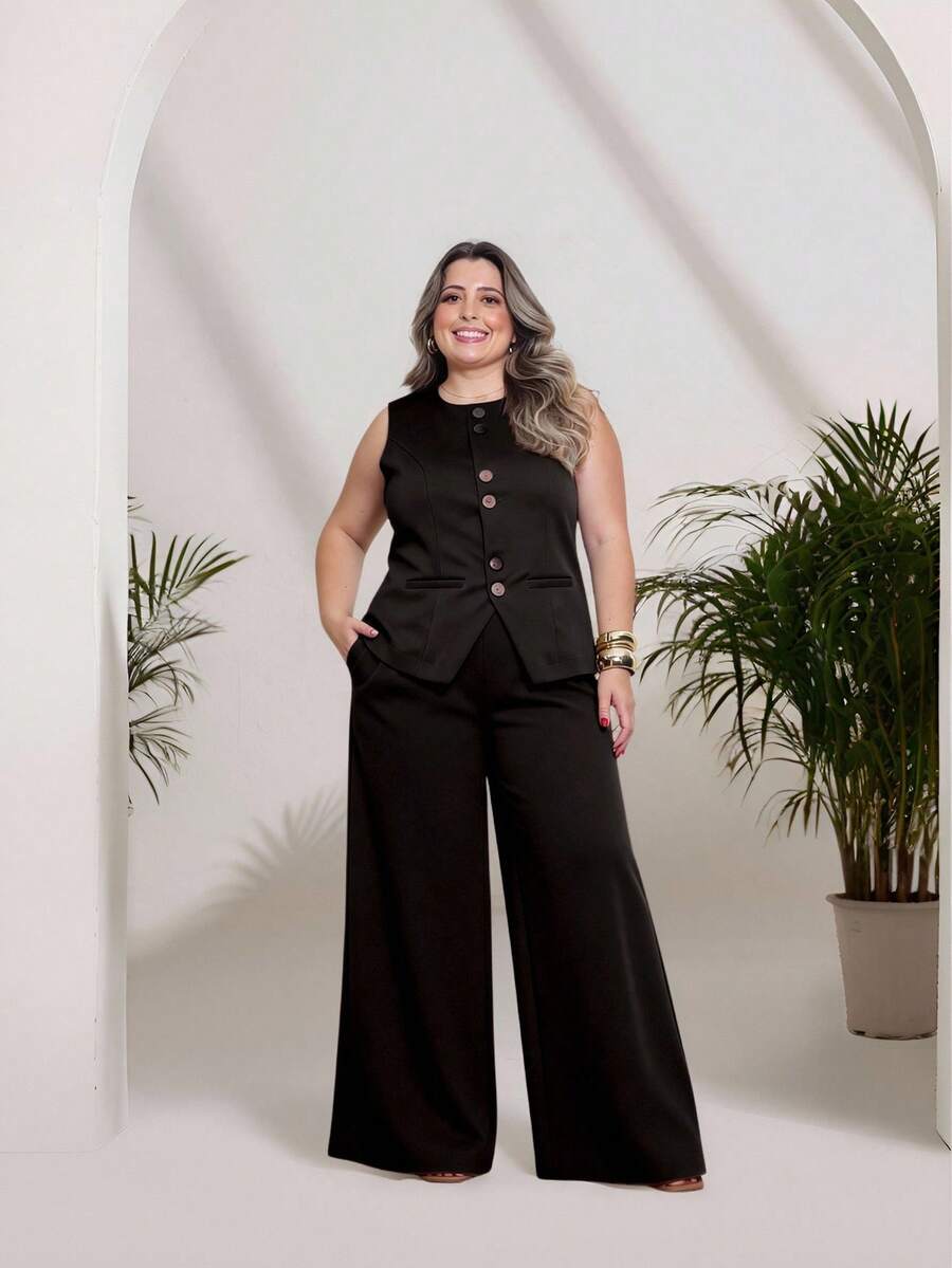 Plus Size Fashion Women's Tailored Set Vest + Pants Casual Fashion/With Special Buttons/Formal Work Blazer With Solid And Elegant Front Button Women's Tank Top/Elegant And Stylish Two-Piece Women's Suit With Front Buttons/Elegant/Sophisticated With Faux Pockets/With Buttons/Blogger/Fashion/National Shipping 2025 - 黑色 - 查看 1