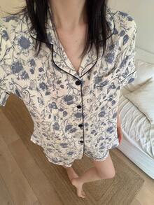 2pcs/Set Women's Ditsy Floral Cardigan Short Sleeve Shorts Pajama Set, Spring/Summer - Navy Blue - View 6