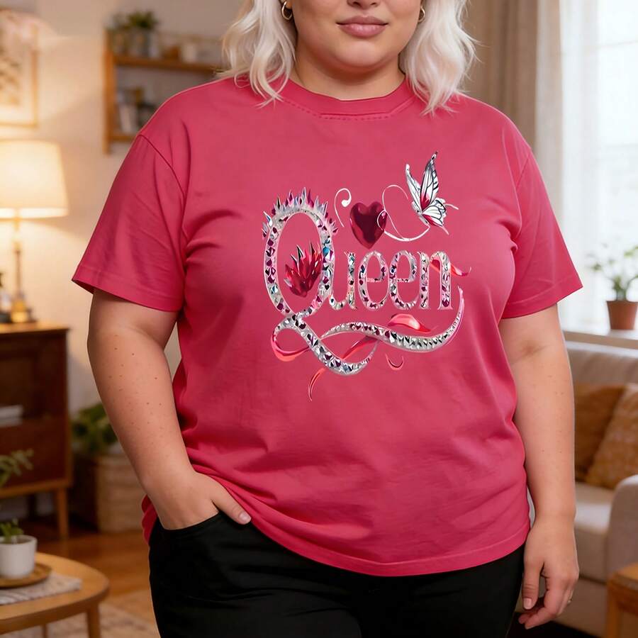 Plus Size Women's Crew Neck Short Sleeve T-Shirt Breathable Comfy Knit All-Match Home Top - Pink - View 1