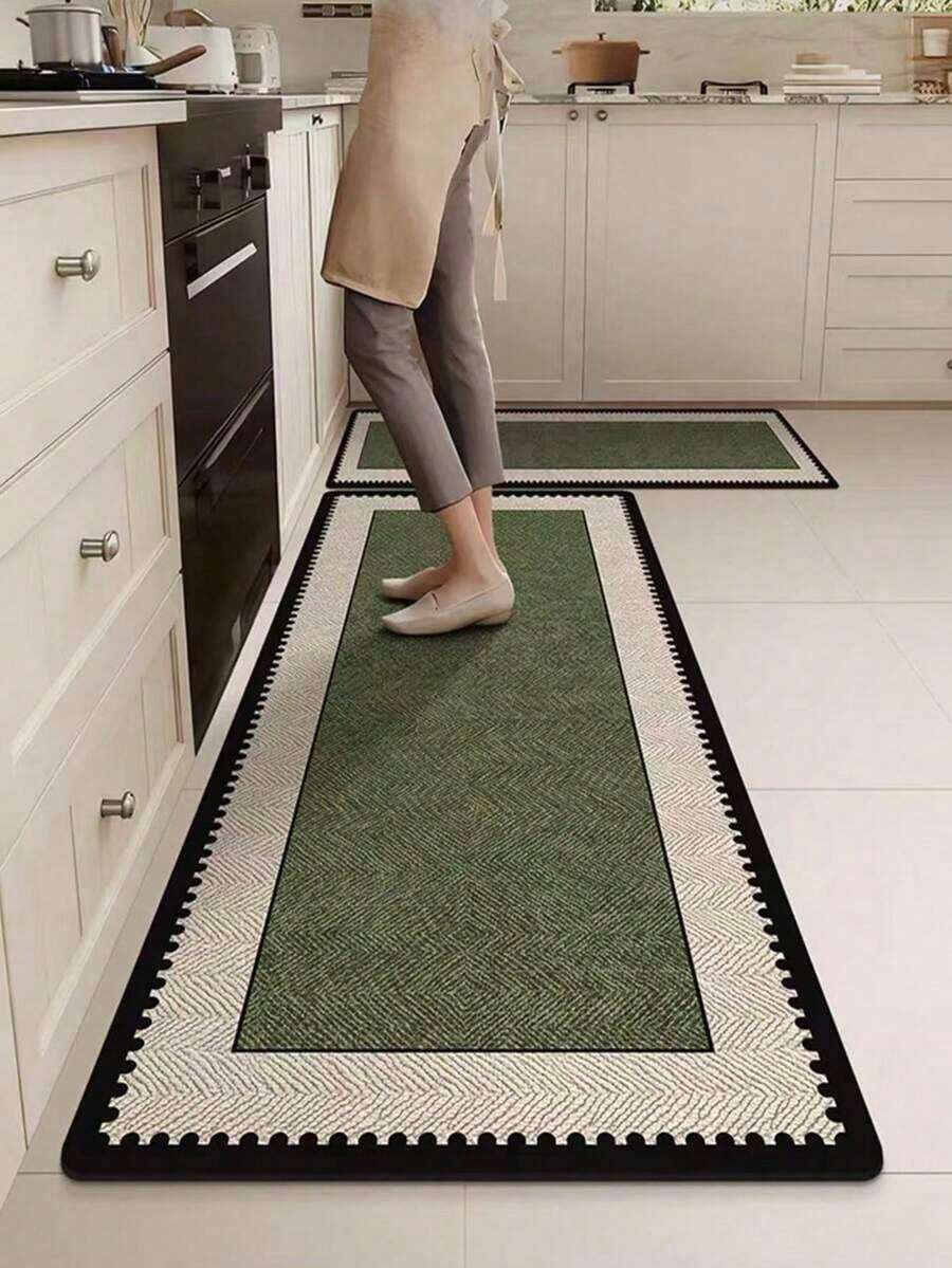 Flannel 1pc Khaki Simple Machine Washable Anti-Slip Kitchen Rug With Black Edges, Made Of Silica Gel, Absorbent And Easy To Clean, Suitable For Kitchen, Dining Room, Bathroom, Laundry Room And Entryway - Màu xanh lá cây đậm - Xem 1