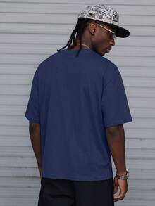 Camvyn Men's Casual Fashion Street Loose Fit Printed Drop Shoulder Ice Silk Short Sleeve T-Shirt, Summer - Navy Blue - View 2