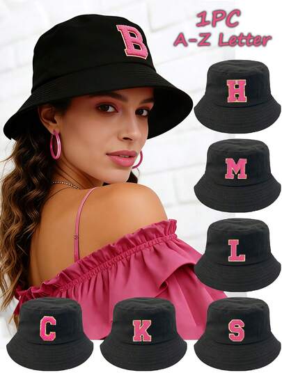 1顶女士纯色渔夫帽，休闲复古派对街头风，饰有26个字母图案，户外徒步防紫外线装饰帽，夏季钓鱼遮阳帽，透气骑行遮阳帽，春夏款