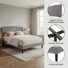 Allewie Modern Full/Queen/King Size Plush Teddy Fabric Bed Frame, Curved Upholstered Headboard, Easy Setup, Reinforced Durable Metal Frame, Under Bed Storage, No Box Spring Required, Gray - Xám - Xem 4
