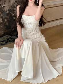 Đầm dự tiệc dáng dài ngang gối kiểu Pháp thanh lịch dành cho nữ, đầm slip không tay dây mảnh phối lưới, đầm đi biển thường ngày, đầm dáng chữ A trễ vai kiểu retro dự tiệc sinh nhật, đám cưới, đầm dự tiệc thời trang mới mùa xuân - Màu be - Xem 5