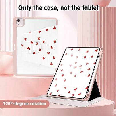 1个心形图案翻盖平板电脑保护套，带笔槽、720度旋转支架、PU皮革材质，具备自动休眠/唤醒功能，适用于华为、荣耀、苹果等平板电脑品牌，适合返校季、情人节等场合。