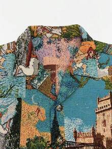 Men's Fashionable Box-Shaped Short Summer Shirt With Random Oil Painting Element Pattern, Oversized Heavyweight Quality Fabric, Special Design, Essential Summer Short Shirt - Blue - View 7