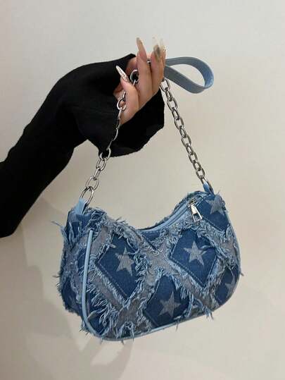 1pc Girls' Five-Pointed Star Fringed Underarm Bag, Silver Chain Decor, Zipper Closure, Retro Streetwear Style Shoulder Bag, Suitable For Daily Outing And Music Festivals