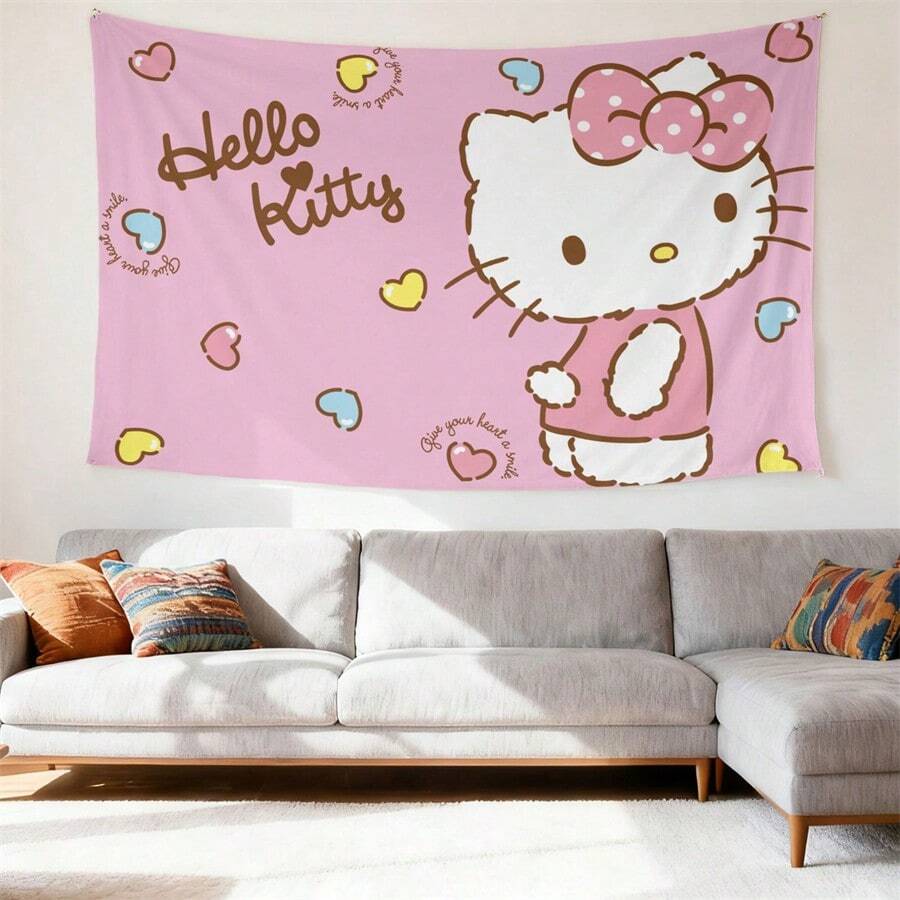 SANRIO 1件三丽鸥Hello Kitty挂毯 | 可爱粉色房间装饰，饰有波点蝴蝶结、彩色爱心点缀和甜美文字元素，涤纶材质，时尚主题，布料，家居装饰品，生日圣诞礼物 - 彩色 - 查看 1