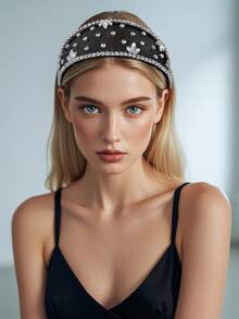 1pc Shiny Crystal Flower Wide Headband, Fashionable Baroque Style Mesh Hollow Minimalist Headband, Suitable For Bride, Wedding, Festival, Carnival Party, Daily Casual Wear - Multicolor - View 10