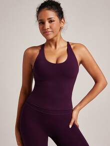 VUTRU 1pc Adjustable Strap Sports Bra With Padded Shelf Cami Racerback Yoga Fitness Bra - Bold Plum - View 6