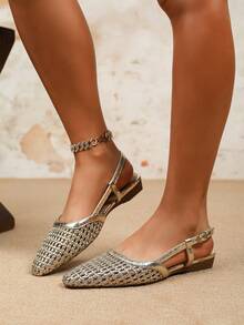 Women's Metallic Gold Hollow Mesh Slingback Flats Pointed Toe Low Heel Sandals Summer Dress Shoes - Gold - View 3